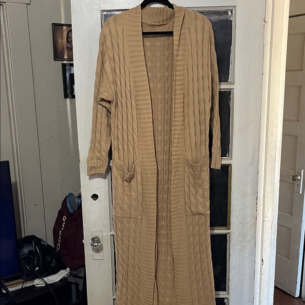 Long Tan Cable Knit Cardigan